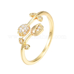 Anello a polsino aperto con fiore di tulipano in zirconia cubica trasparente&nbsp;RJEW-N030-18