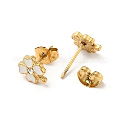 Ionenplattiertes (IP) Emaille-Kleeblatt mit Kristall-Strass-Ohrsteckern mit Stiften aus chirurgischem Edelstahl 316&nbsp;EJEW-A081-12G-03