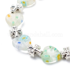 Bracciale elasticizzato con perline incrociate a forma di cuore e lega millefiori fatto a mano da donna&nbsp;BJEW-JB08685