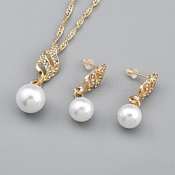 Orecchini pendenti rotondi in plastica con perle finte e strass di cristallo e collana con ciondolo&nbsp;SJEW-WH0006-13G