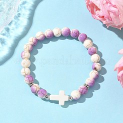 6 bracciale elastico con perline tonde e incrociate in turchese sintetico&nbsp;BJEW-JB12339