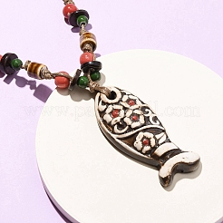 Collane con ciondolo a forma di pesce in ceramica e cordino cerato regolabile per donna&nbsp;LS-NJEW-B146-04
