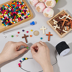 DIY-Sets zur Herstellung runder Halsketten aus Naturholzperlen und Kreuzanhängern&nbsp;DIY-PH0029-12