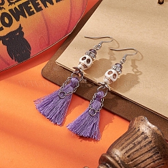 Boucles d'oreilles tête de mort turquoise synthétique&nbsp;EJEW-TA00235-03