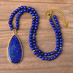 Gefärbte Halsketten mit Anhängern aus natürlichem Lapislazuli und Messing-Edelsteinen&nbsp;FS-WG3CE6D-04