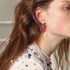 Corazón de vidrio con aretes colgantes de perla de plástico abs&nbsp;EJEW-TA00233