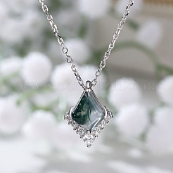 Rhombus 925 Sterlingsilber-Halsketten mit Mikropflaster und klarem Zirkonia und natürlichem Moosachat-Anhänger&nbsp;FS-WG1E963-01