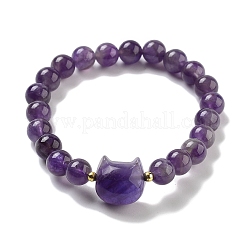Braccialetti elasticizzati da donna con perline di ametista naturale rotonde e con testa di gatto&nbsp;BJEW-K251-03A