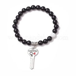 2 bracelet extensible en perles rondes en jade mashan naturel et onyx noir pour la Saint-Valentin pour couple&nbsp;BJEW-JB11649