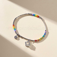 Pulsera elástica con cuentas de tubo curvo de acero inoxidable 201 y semillas de vidrio&nbsp;BJEW-JB09190