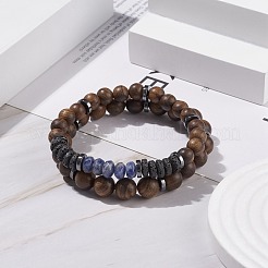2 pièces 2 bracelets extensibles en perles de bois naturel et hématite synthétique sertis de pierres précieuses&nbsp;BJEW-JB08153