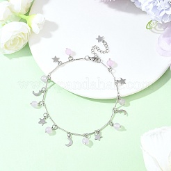 3 stücke 3 farben 201 edelstahl mond stern & natürliche gefärbt malaysia jade runde charme messing bar link kette fußkettchen&nbsp;AJEW-AN00732