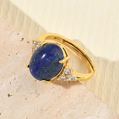 Bagues manchette ouvertes en laiton serties de micro-pavés de zirconiums cubiques et de lapis-lazuli naturel&nbsp;RJEW-T035-01G-B