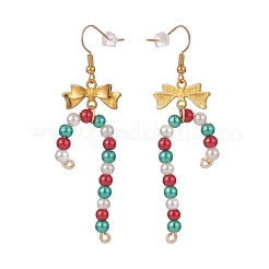Canne en bonbon de noël en verre avec boucles d'oreilles pendantes en alliage bowknot&nbsp;EJEW-JE04971-01