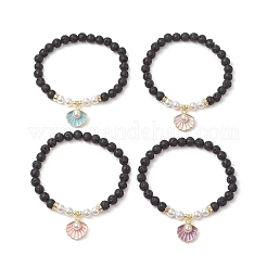 Natürliche runde Perlen aus Lavagestein mit Messing-Strass-Abstandsperlen und Muschelkernperlen sowie galvanisierten nicht magnetischen synthetischen Hämatitperlen und Armbändern mit Anhängern aus Legierung&nbsp;BJEW-JB11511