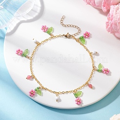Chaîne de cheville en laiton avec pompon en forme de fleur et perles de verre et howlite naturelle rondes à facettes pour femmes&nbsp;AJEW-MZ00007-02