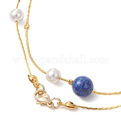 Collares largos de cadena Boston de latón con lapislázuli natural redondo y perla de concha&nbsp;NJEW-JN05722-01