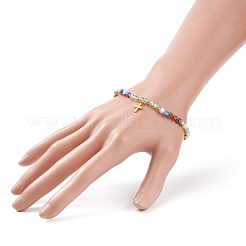 Bracelet extensible en perles de verre millefiori avec breloque croix en acier inoxydable 304 pour femme&nbsp;BJEW-JB08521
