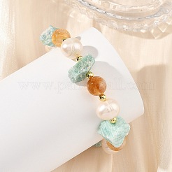 Bracelets extensibles en perles rondes de citrine naturelle et pépites d'amazonite&nbsp;BJEW-JB14287-03