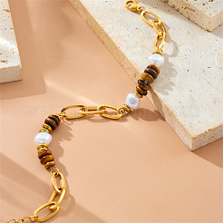 Bracelet en acier inoxydable 304 avec chaîne trombone et perles rondelles œil de tigre naturel pour femme&nbsp;WGDB3B0-01