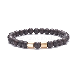 Bracelet extensible en perles rondes en bois naturel avec hématite synthétique pour hommes femmes&nbsp;BJEW-JB07549
