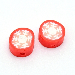 Handmade Polymer Clay Christmas Theme Beads, Flat Round with Snowflake Pattern, Red, 9~11x4~5mm, Hole: 1.4mm