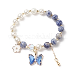 Bracelet extensible rond en perles de jaspe bleu naturel et de coquillages, bracelet à breloques papillon en verre et fleur en laiton pour femme, diamètre intérieur: 2 pouce (5.1 cm)