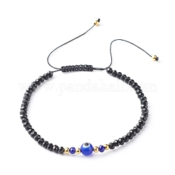 Bracelet de perles tressées en fil de nylon réglable, avec des perles à facettes en verre rondelle, perle ronde au chalumeau fait à la main, bleu, diamètre intérieur: 2-1/2 pouce (6.4~11.7 cm)
