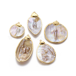Natural Baroque Pearl Keshi Pearl Pendants, Cultured Freshwater Pearl, with Golden Plated Brass Findings, Nuggets, Golden, 37.5~66x31.5~50.5x5.5~7.5mm, Hole: 1.8mm