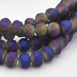 Full Rainbow Plated Faceted Rondelle Glass Beads Strands, Frosted, Indigo, 4x3mm, Hole: 1mm, about 146pcs/strand, 18.8 inch
