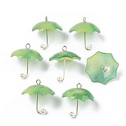 Ciondoli acrilico, con anelli in ottone placcato oro e perla imitazione plastica abs, ombrello, verde, 20~21x20x20mm, Foro: 1.6 mm