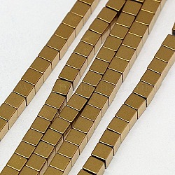Electroplate Non-magnetic Synthetic Hematite Beads Strands, Cube, Grade AAAA, Golden Plated, 2x2x2mm, Hole: 0.8mm, about 163pcs/strand, 16 inch