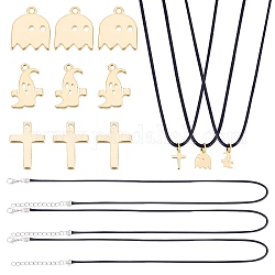 PandaHall Elite 16Pcs Halloween Theme DIY Necklaces Making Kits, Cross & Ghost Brass Charms, Waxed Cord Necklace Making, Platinum & Golden, 12.5x9x1mm, 4pcs/style