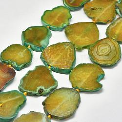 Chapelets de perles d'agate naturelle, perles de dalle plate, tranches d'agate, pépites, teints et chauffée, olive, 40~50x30~49x5~7mm, Trou: 2~3mm, Environ 8~9 pcs/chapelet, 14.9 pouce (39 cm)