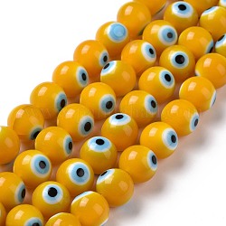 Hechos a mano de cristal de murano mal ojo hebras de perlas redondas, amarillo, 10mm, agujero: 1 mm, aproximamente 39 pcs / cadena, 14.96 pulgada