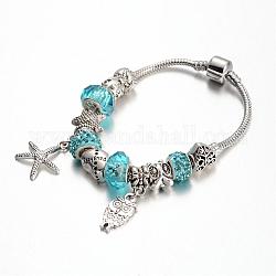 Lega strass perline braccialetti europei, con perle di vetro e catena in ottone, cielo blu profondo, 190mm