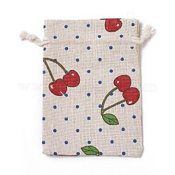 Burlap Packing Pouches, Drawstring Bags, Rectangle with Cherry Pattern, Colorful, 14~14.4x10~10.2cm