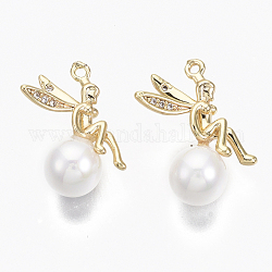 Brass Micro Pave Cubic Zirconia Pendants, with Acrylic Imitation Pearl, Nickel Free, Flying Elf, Real 18K Gold Plated, Clear, Seashell Color, 20.5x16x8mm, Hole: 1mm