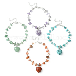 4 braccialetti con ciondoli a cuore in pietre preziose miste naturali in stile 4, con catenelle di perline, bracciali impilabili in ottone, 9 pollice (22.8 cm), 1pc / style