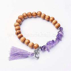 Bracelets étiraux en améthyste naturel, Avec pendentif en gomme en coton, perles en bois et accessoires de style tibétain, om symbole, violette, 2-1/8 pouce (54 mm)