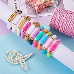Chunky Curved Tube Beads Stretch Bracelets Set, Acrylic & CCB Plastic Beads Bracelets for Women, Mixed Color, Inner Diameter: 2~2-1/8 inch(5~5.5cm), 5pcs/set