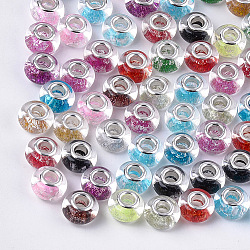 Perles européennes en alliage, Perles avec un grand trou   , avec double noyau en laiton scintillant et poudre de platine, rondelle, couleur mixte, 13.5~14x8.5~9mm, Trou: 5mm