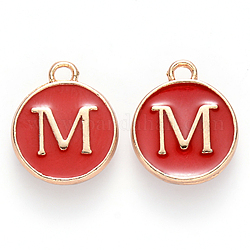 Golden Plated Alloy Enamel Charms, Cadmium Free & Lead Free, Enamelled Sequins, Flat Round with Letter, Red, Letter.M, 14x12x2mm, Hole: 1.5mm
