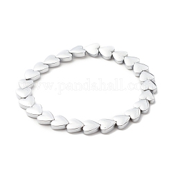 Bracciale elasticizzato in ematite sintetica con perline a cuore, gioielli con pietre preziose per le donne, argento, diametro interno: 2-1/8 pollice (5.5 cm)