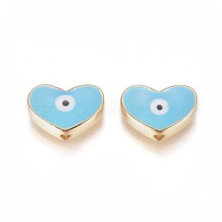 Perles en laiton doré, avec l'émail, coeur avec le mauvais œil, bleu ciel, 11x15x4.5mm, Trou: 1.6mm