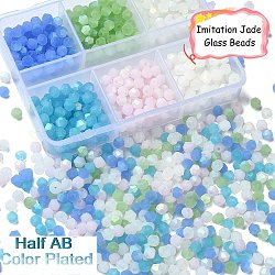 600Pcs 6 Colors Imitation Jade Bicone Frosted Glass Bead Strands, Half AB Color Plated, Faceted, Mixed Color, 4x4mm, Hole: 1mm, 100Pcs/color