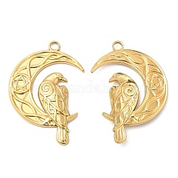 304 Stainless Steel Pendants, Moon with Bird Charm, Real 18K Gold Plated, 36x24x3mm, Hole: 3mm