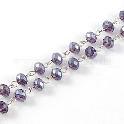 Catene di perle in vetro rondelle fatte a mano per creazione di bracciali collane, con perno di ferro, senza saldatura, platino, medio orchidea, 39.3 pollice, circa 88pcs/filo