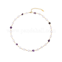 Colliers de chaîne à maillons en acier inoxydable pour femmes, avec perles naturelles et perles d'améthyste naturelle, or, 16.93 pouce (43 cm)