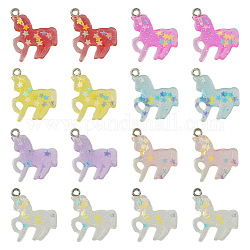 28Pcs 7 Colors Transparent Resin Pendants, Unicorn Charms with Colorful Star Paillette and Platinum Plated Iron Loops, Mixed Color, 23x19x4mm, Hole: 1.8mm, 4pcs/color